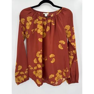 SUNDANCE Orange Brown Floral Long Sleeve Silk Blouse Size XS